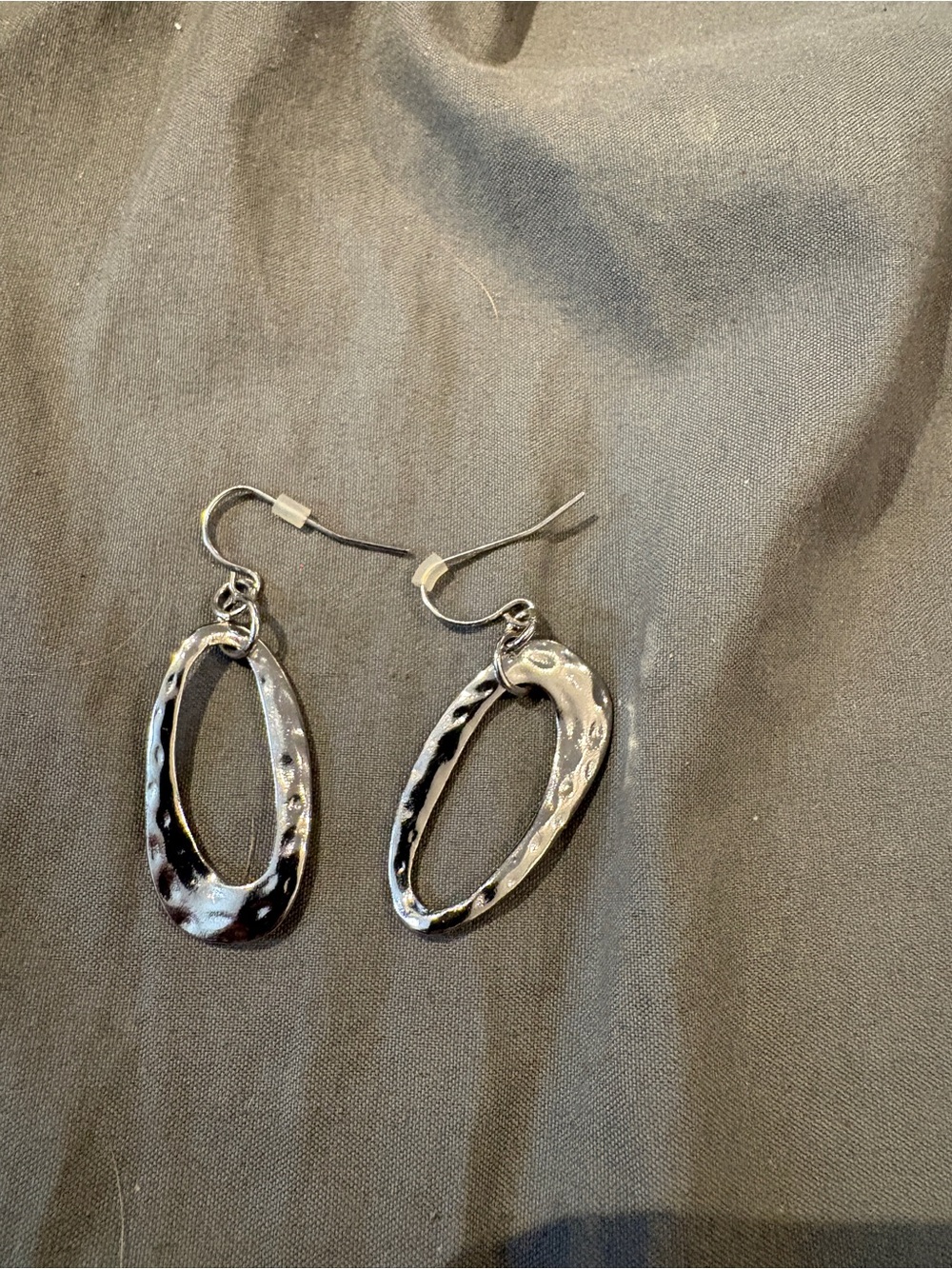 Sterling Silver Textured Oval Drop Earrings - Silver